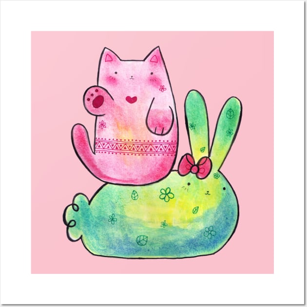 Pink Cat and Green Bunny Wall Art by saradaboru